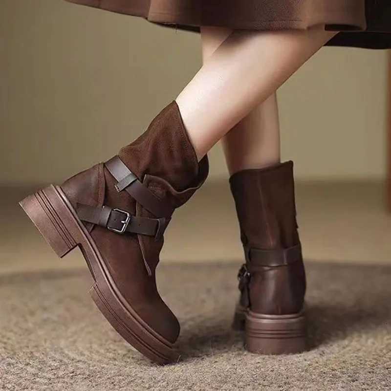 2025 Autumn Winter Retro Belt Buckle Nubuck Leather Martin Boots for Women Thick Heels Shoes Woman Frosted Western Cowboy Short Boots W250811