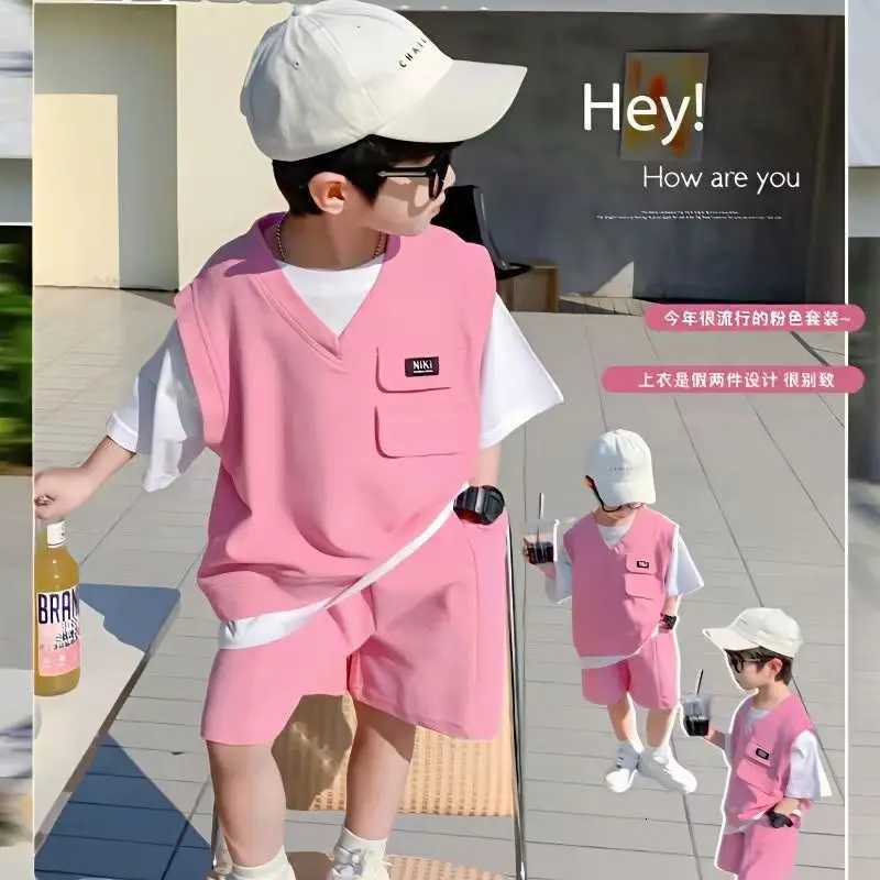 Childrens Summer Short Sleeve Set 2023 New Boys and Girls Pink Spliced T-shirt+Shorts 2-Piece Preschool Casual Sportswear Set Z250811