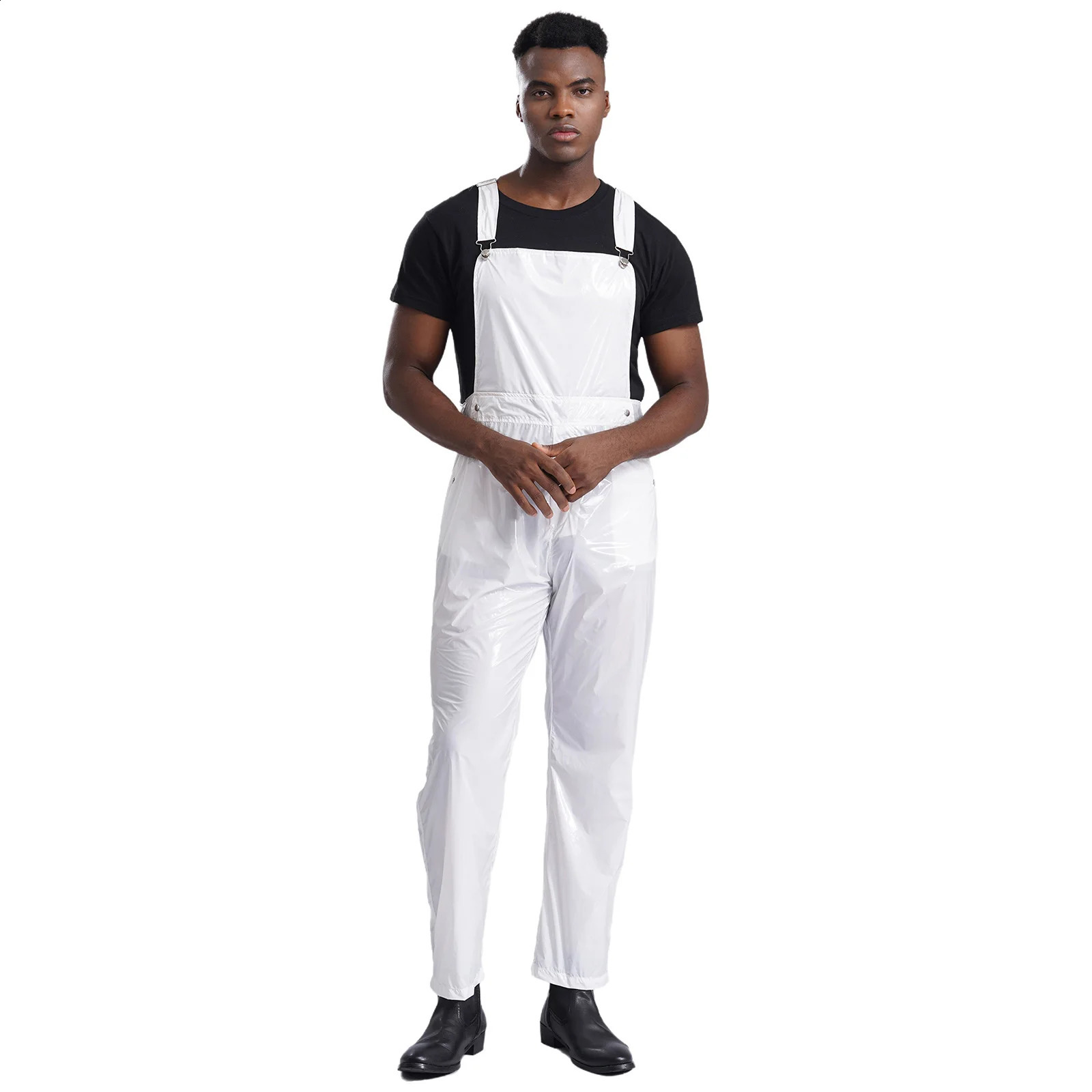 Mens Glossy Bib Overall Costume Adult Adjustable Wide Straps Water Resistant Jumpsuit Overalls with Pockets 250729
