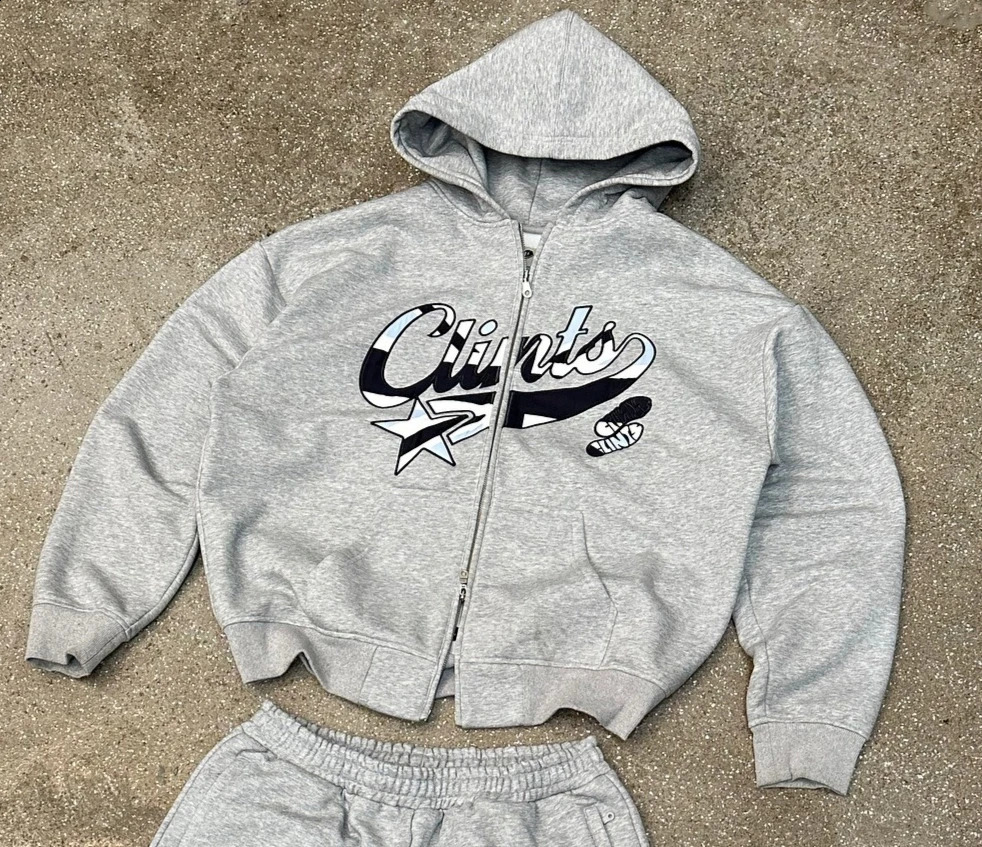 Streetwear Graffiti Lettering Zipper Hoodie Sweatpant Two Piece Y2K Suit Men Women Retro Casual Pant Sweatshirt Gray Sport Suit 250809