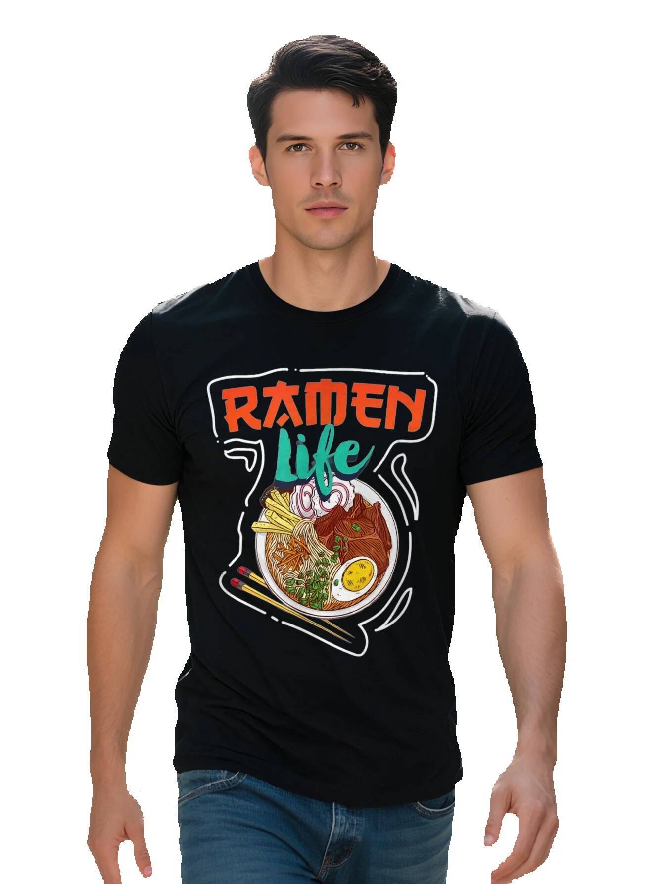 Men s Life Graphic T Shirt Cotton Short Sleeve Casual Anime Noodle Bowl Design Black with Colorful Ramen 25f32 899ac