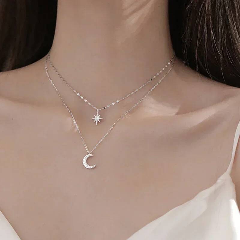 New Fashion Sier Color Double Layer Star Moon Necklace for Women Charm Delicate Zircon Stainless Steel Choker Chain Jewelry
