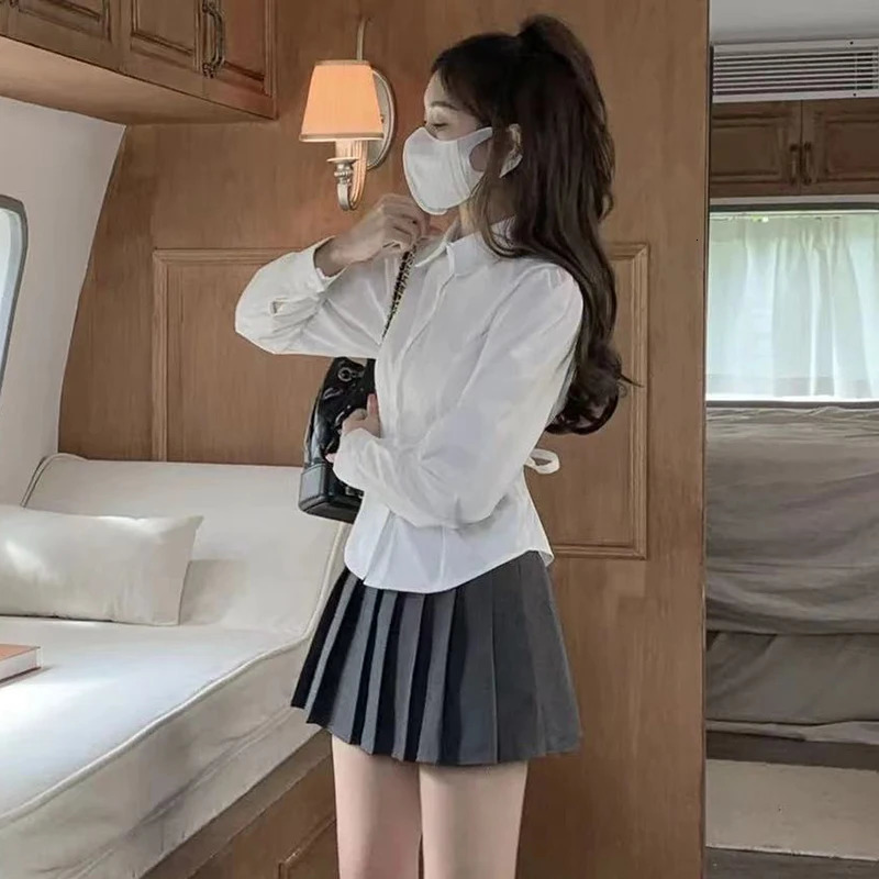 Xpqbb Womens White Shirt Korean Preppy Style Long Sleeve Turndown Collar Blouse School Girl Uniform Student Slim Shirts 250811
