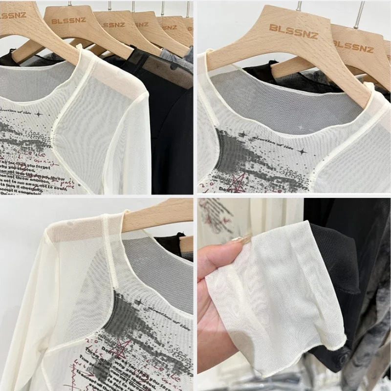 Summer Round Neck Transparent Bottom Shirts Tops Mesh See Through Womens Long Sleeve Seamless Top Print Blouses 250811