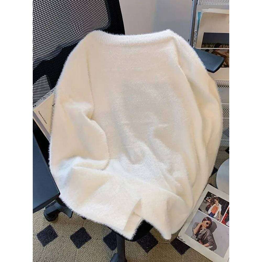 Vintage Preppy Kawaii Cartoon Jacquard Pullovers Sweet Haruku Loose Grunge Jumpers Y2k Aesthetic Women White Knitted Sweaters