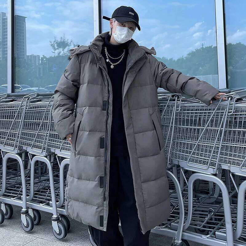 Korean Fashion Long Down Couple's Winter Clothing Youth Hooded Zipper Warm Cotton Jacket Coat Men's Parka M-5XL