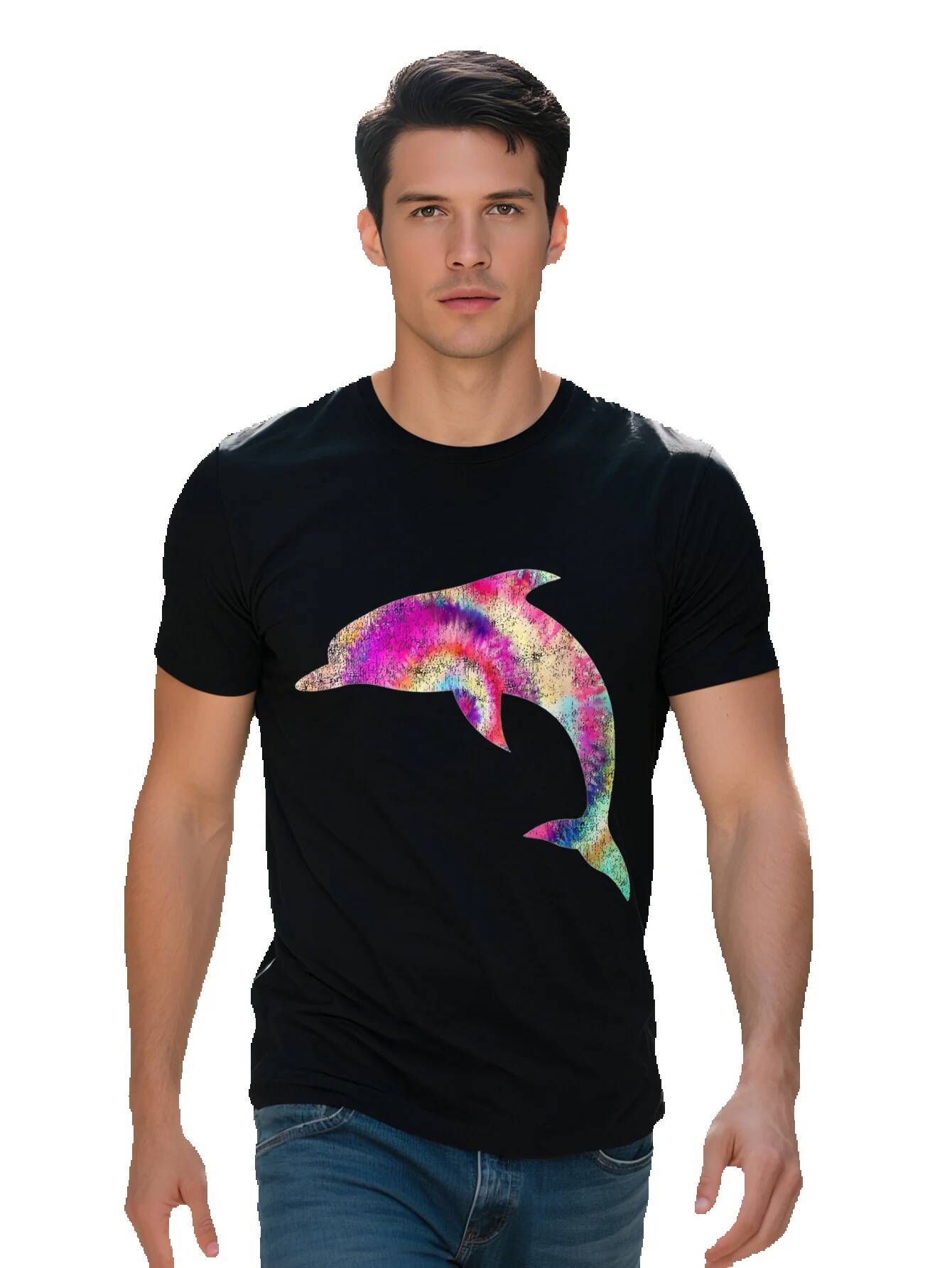 Men's T-shirt g Cotton Cool Tie Dye Dolphin Silhouette Artwork T Shirt b946a