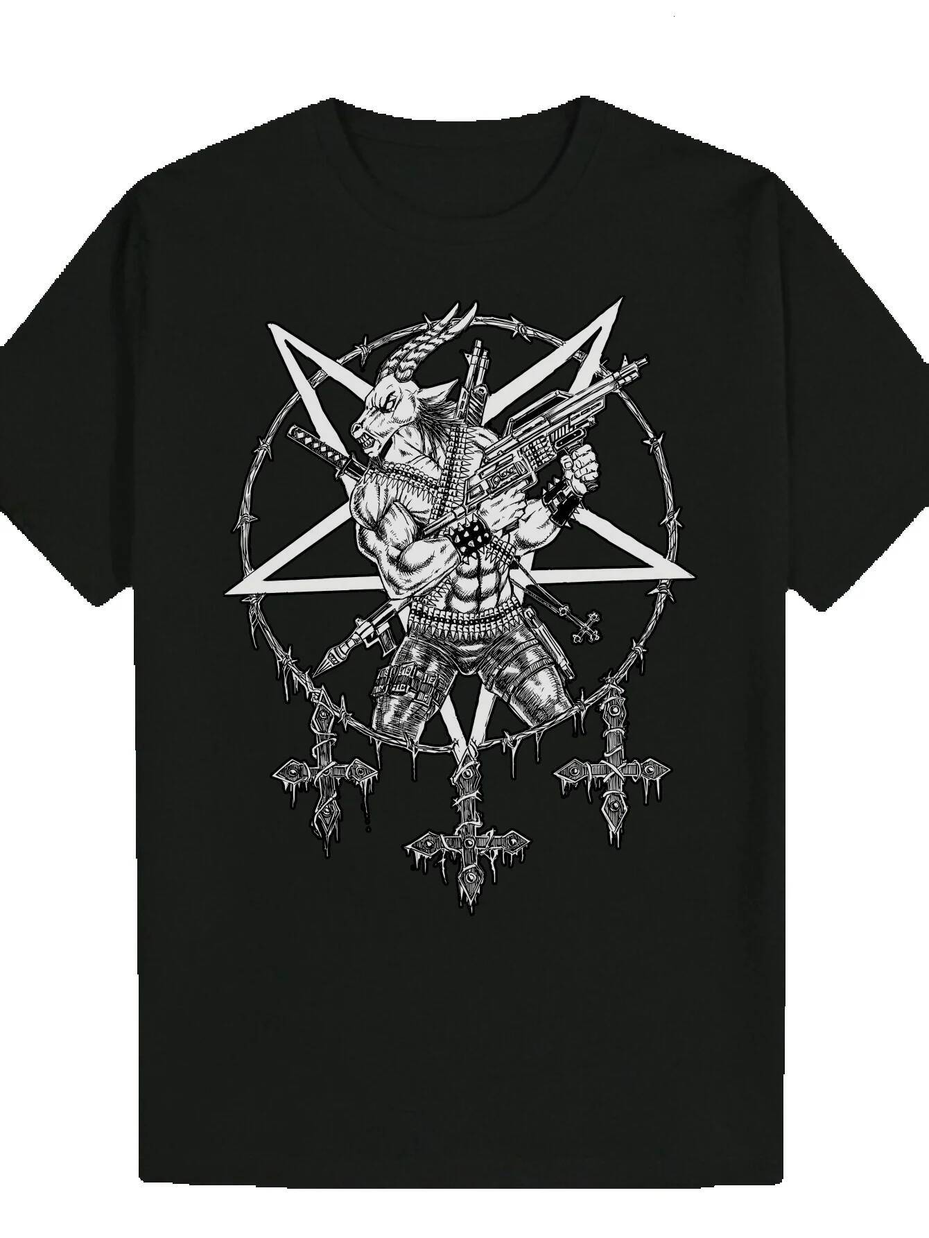 Men's Crew Neck T-Shirt with Intricate Star and Pattern - Black Polyester, Summer Style, Regular Fit, Casual Wear Skull Print Top | Elastic fabri