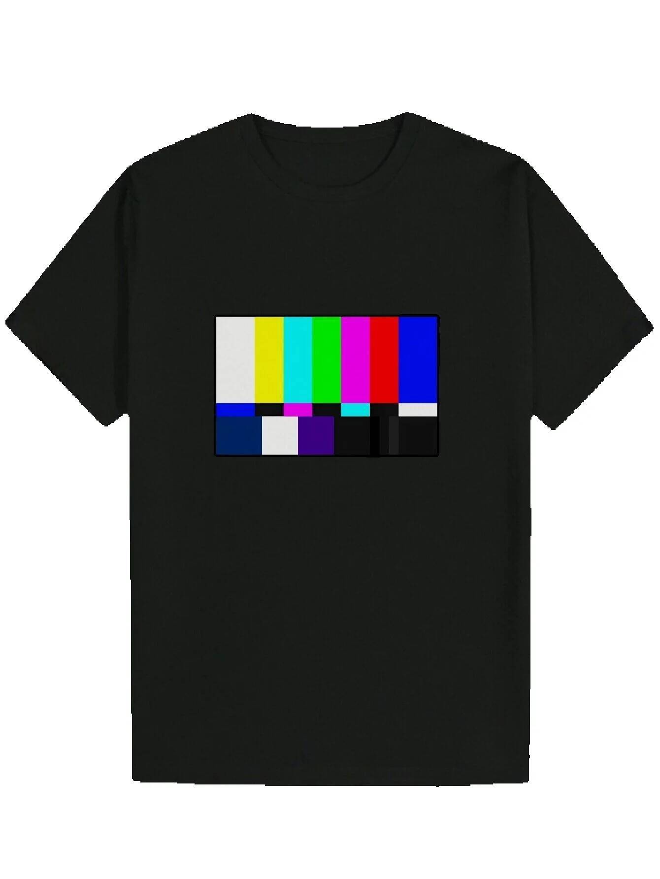 Men's Summer T-Shirt with Colorful TV Test Pattern - Black Polyester, Crew Neck, Regular Fit, Casual T-Shirt|Playful Printed Top|Elastic fabric 7
