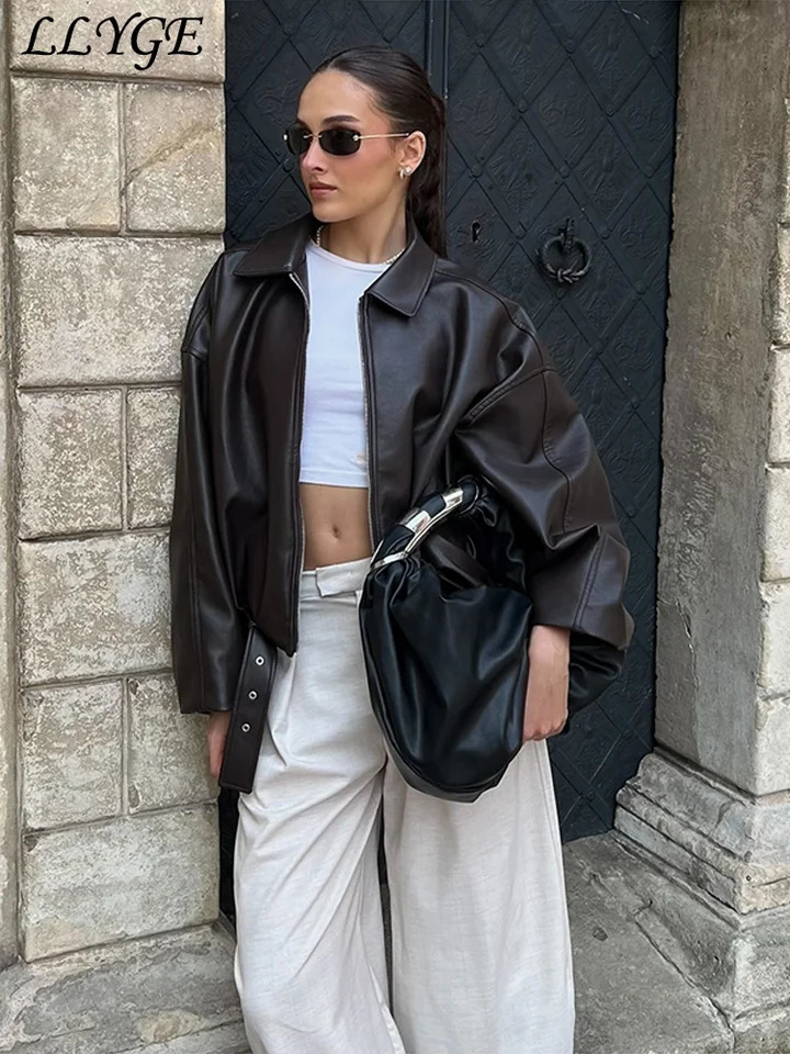 Street Womens Belt Leather Jackets Loose Lapel Zipper Long Sleeve Pockets Female Coats 2025 Autumn Lady Fashion Y2k Outwear 250811