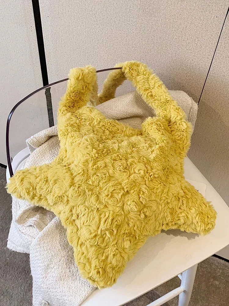 Cute Star Ladies Soft Plush Shoulder Bags Large Capacity Female Furry Pentagram Messenger Bag Winter Fluffy Womens Handbags 250811