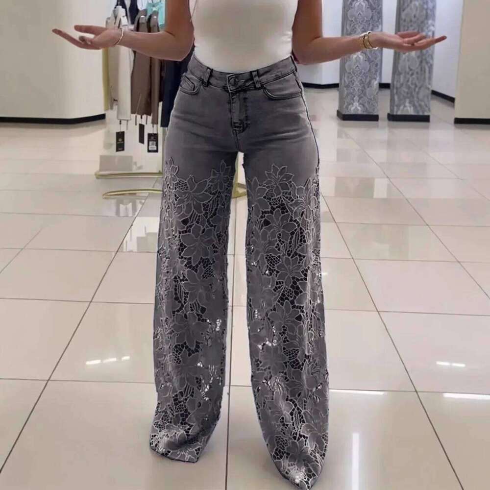 Crochet Hollow Out Flower Jean Women Pants Baggy Zipper Pocket Button Straight Leg Trousers 2025 Summer Elagant Y2k Lady Outwear