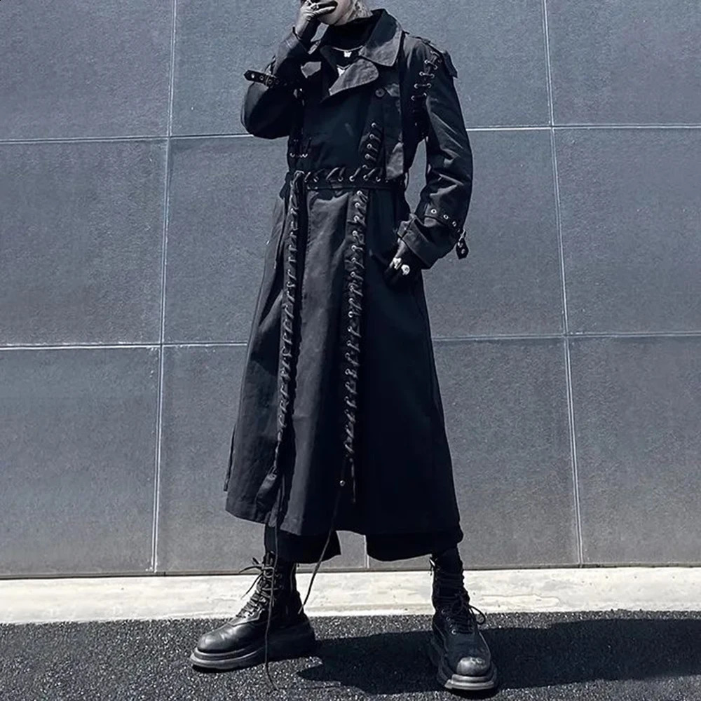 Mens Harajuku Rope Splicing Dark Style MidLength Casual Jacket Genderless Autumn Winter Japanese Solid Color Windbreaker Unisex 250804