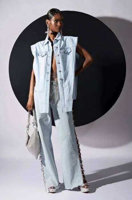 Denim Long with Drill Chains Straight Wide-leg High Waist Ripped Jeans for Women Summer Thin Side Slit Pants