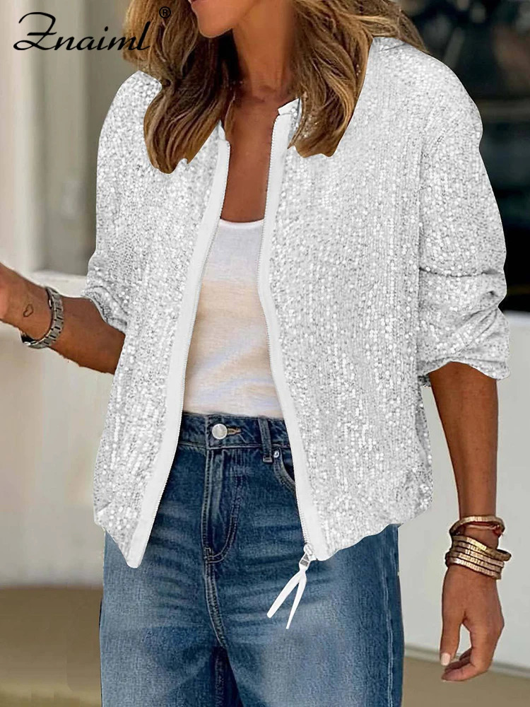 Znaiml Women Sequin Jacket Y2k Harajuku Green Color Zipper Long Sleeve Short Coat Autumn Winter Ladies Night Clubwear 250811