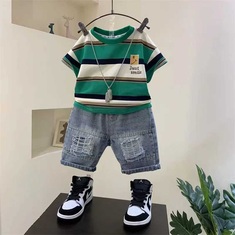 2023 Boys Summer New Boutique Design Outfits Cotton Set Baby Boys Short Sleeve Shirt Jeans Shorts 2pcs Childrens Clothing 6 7 8Y Z250811