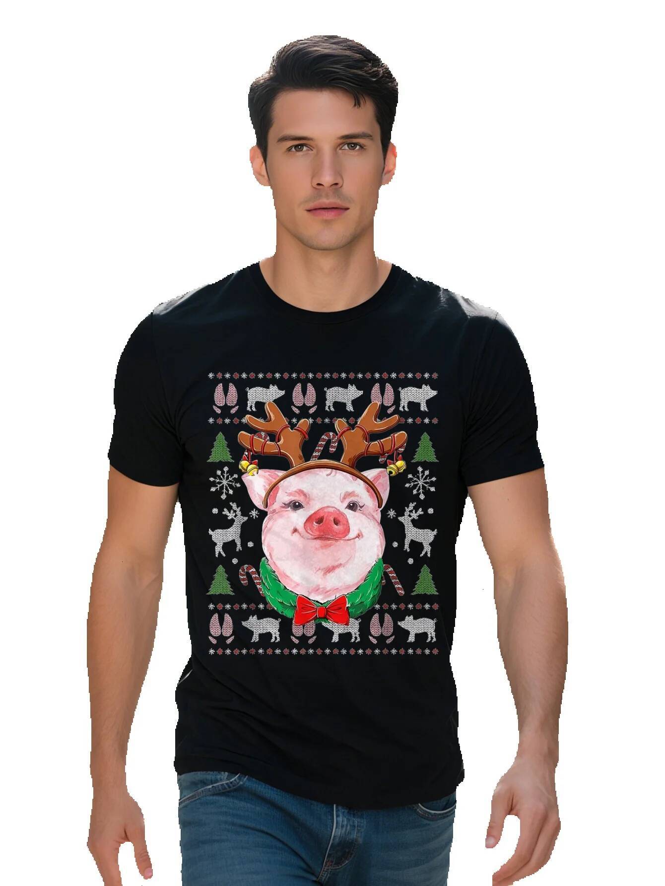 Men s Cotton Christmas T Shirt Whimsical Pig with Reindeer Antlers Santa Hat Festive Holiday Graphics Short 39346 34248