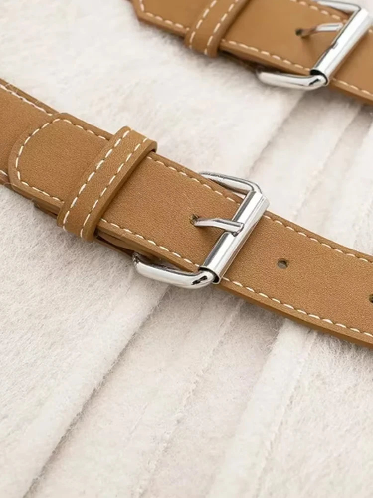 TRZA Women Fashion With Belt Woolen Jacket Coat V Neck Long Sleeve Female Outerwear Chic Tops 250809