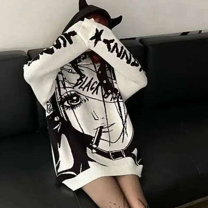Y2k Autumn/winter Sweater Cartoon Anime Knit Long Sleeve Round Neck Pullover Loose-fit Fashionable Trendy Top For Men Women