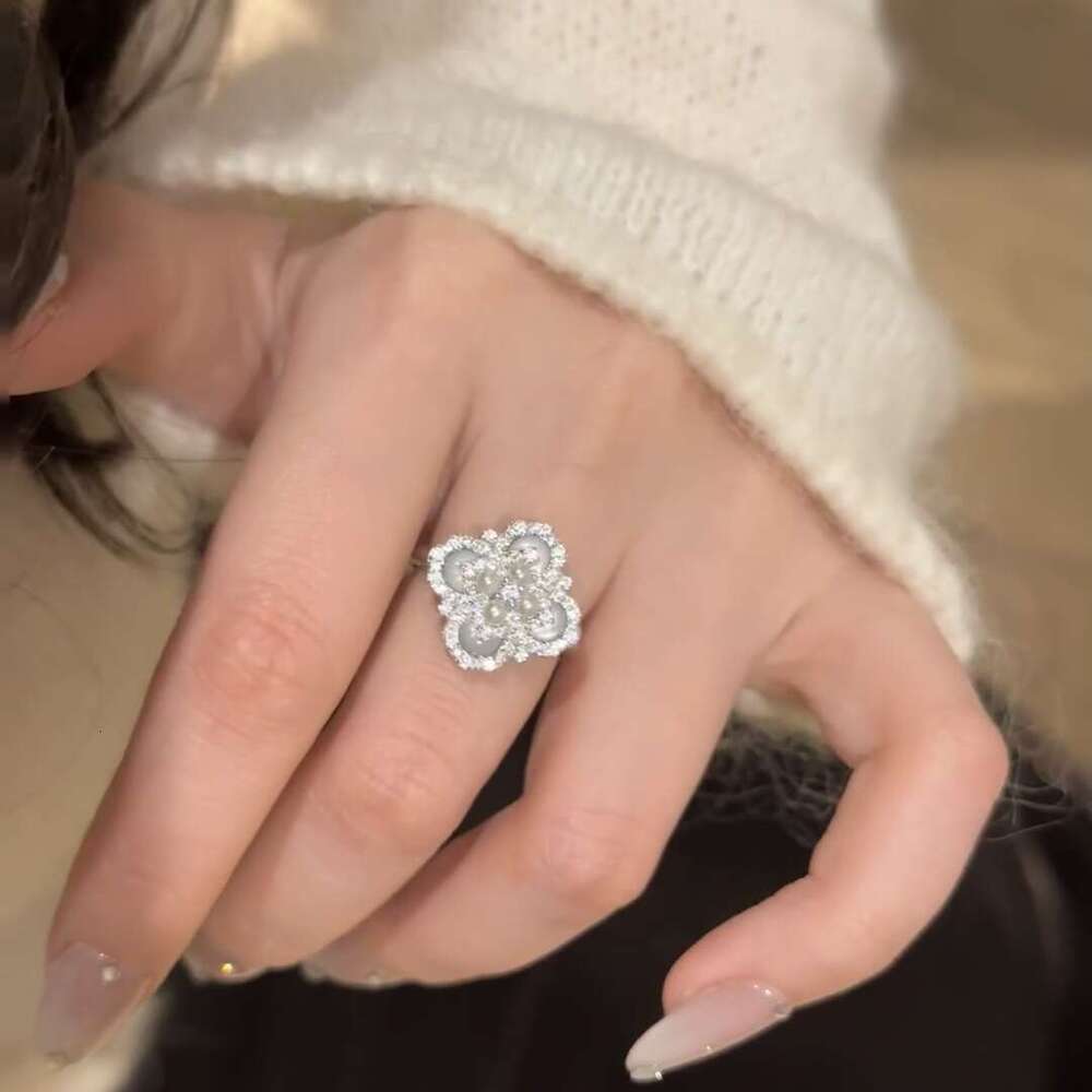 Light National Trend White Cat's Eye Stone Pearl Four-leaf Clover Necklace Earrings Ring Exquisite Sense of Temperament Versatile Set