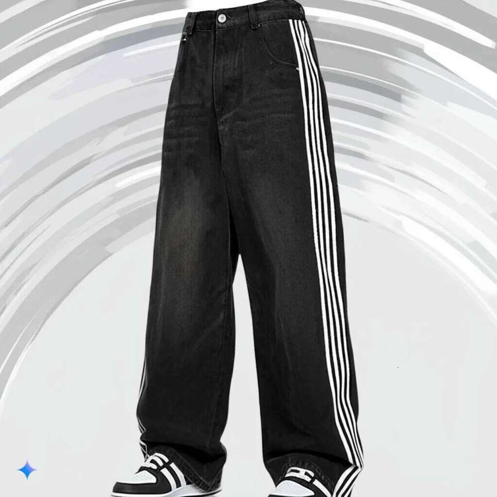 Men's vintage striped embroidered high waisted men's women's casual pants Haruku street loose wide leg jeans