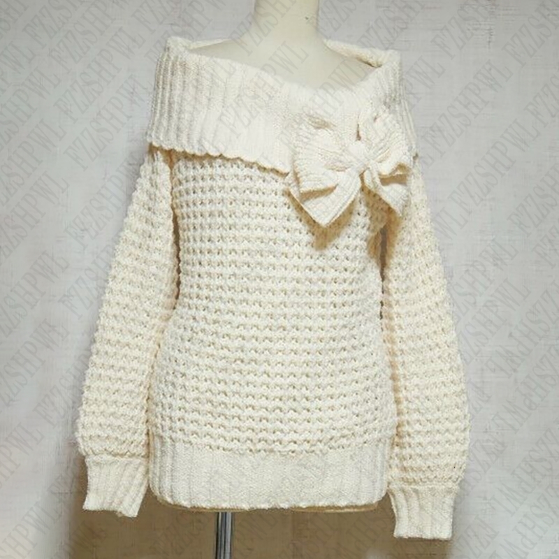 Harajuku Y2K Aesthetics Big Bow Folded Off Shoulder Sweater Print Hollow Out Knitted Sweater Autumn Full Sleeve Pullover Sweater 250723