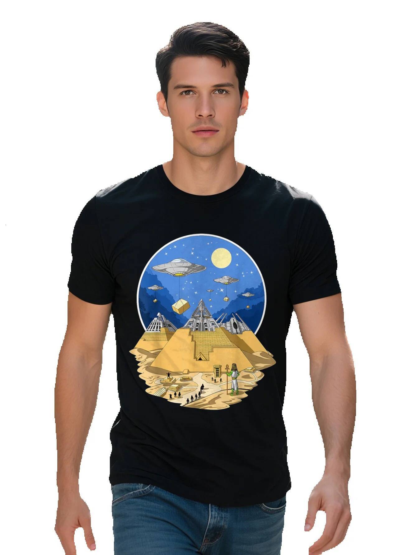 Men s Egyptian Pyramids UFO Sci Fi Graphic T Shirt Cotton Short Sleeve Round Neck with Vibrant Digital Print d6823