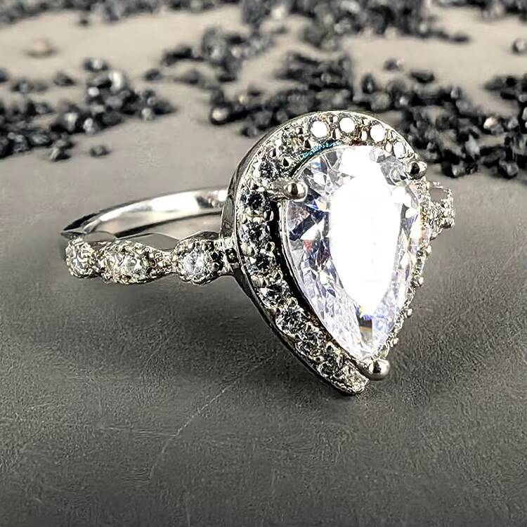 Vintage 925 Sterling Silver Teardrop Engagement Ring Genuine Fine Jewelry with VVS Moissanite for Women Anniversary Gift