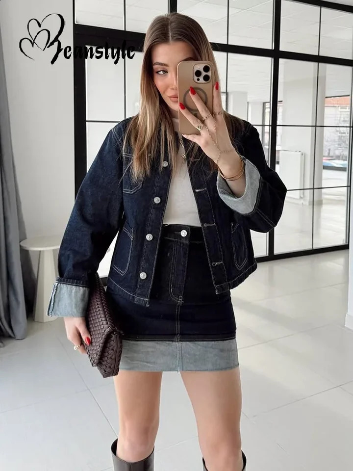 Patchwork Denim Women Skirt Suits Turn-down Collar Single Breasted Coat Mini Skirts 2025 Spring Fashion Lady 2 Pieces Sets 250811