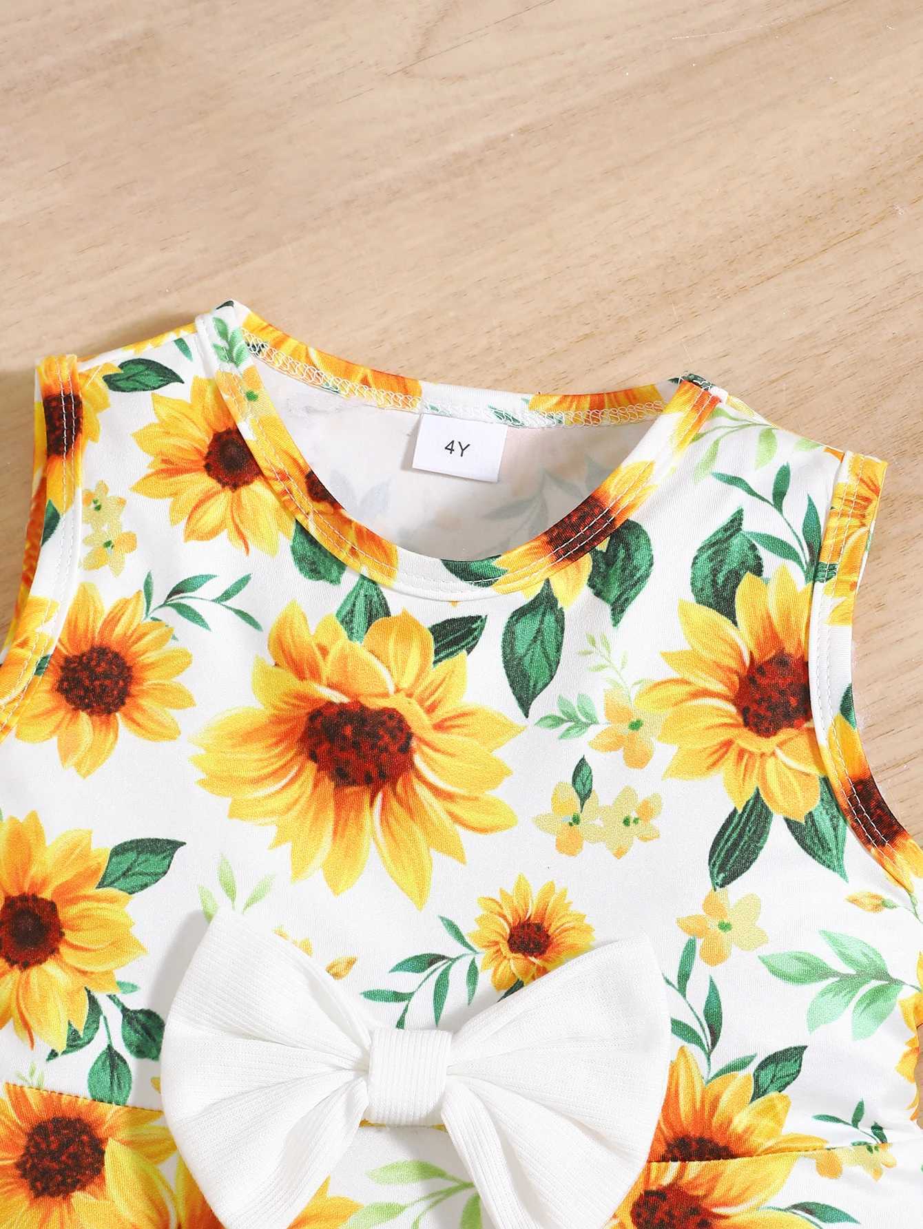 3Pcs Kid Girl Dress Sunflower Sleeveless Dress+Shawl+Hat Girl Summer Vacation Casual Dress Set for girls aged 3-8 Years W250811