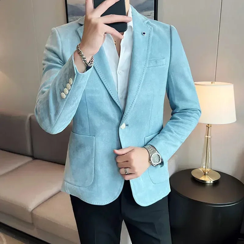 Fashion High Quality Suede Men Blazer Korean Slim Business Casual Suit Jacket Coat Dress Party Dark Green White Costume Homme 250811 - view 6