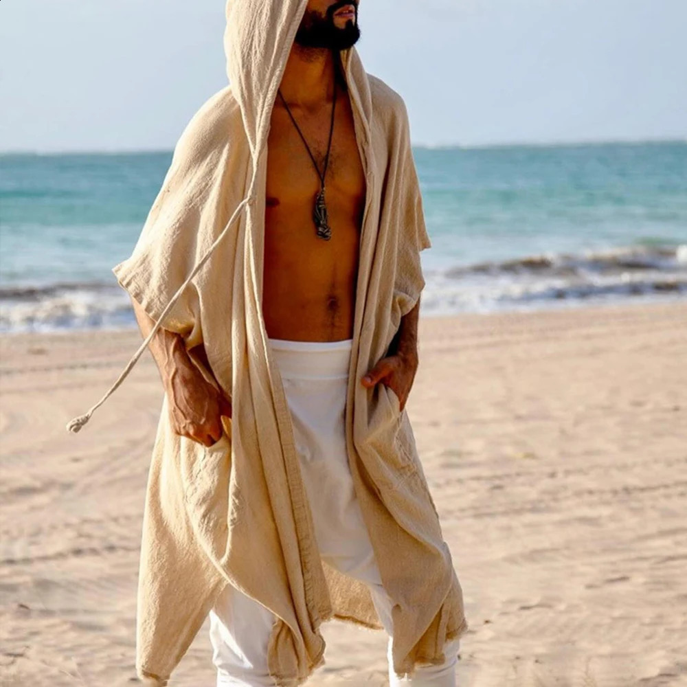 2025 Summer Mens Solid Color Hooded Sun Protection Beach Clothes Fashionable Travel Holiday Style Allmatch Casual Cape 250804