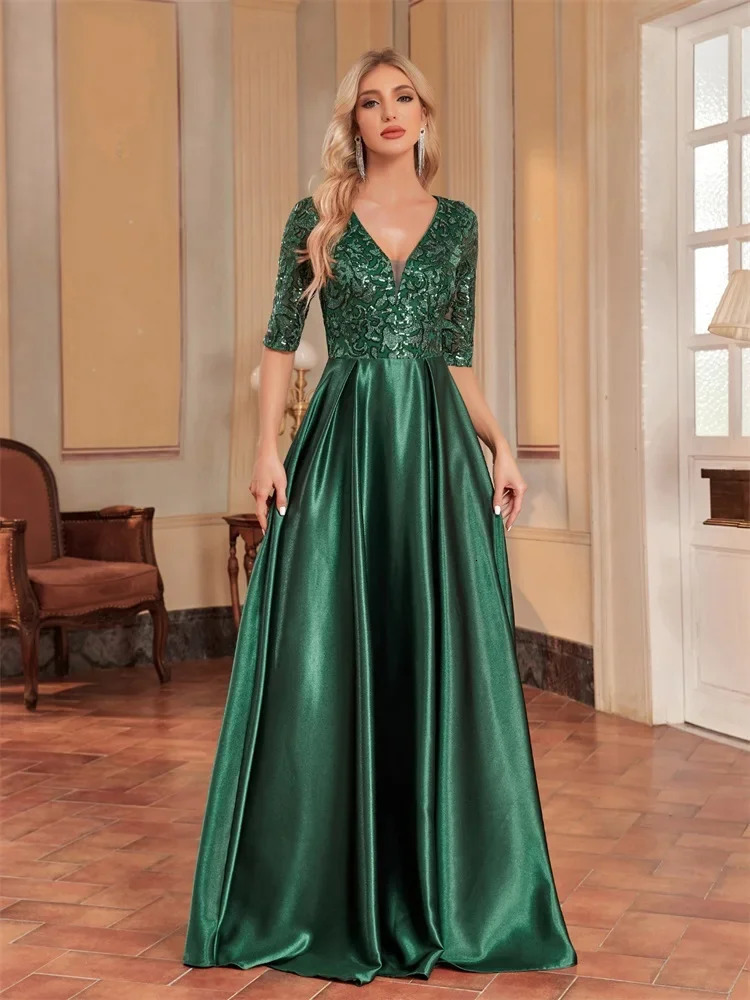 y Short Sleeve Green Satin VNeck Evening Dress Women Sequin elegant Party Prom Floor Lenght Cocktail Graduation Gowns 250811