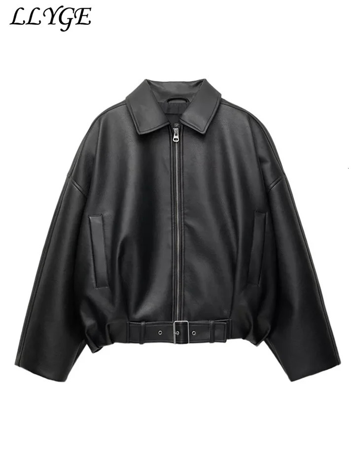 Street Womens Belt Leather Jackets Loose Lapel Zipper Long Sleeve Pockets Female Coats 2025 Autumn Lady Fashion Y2k Outwear 250811