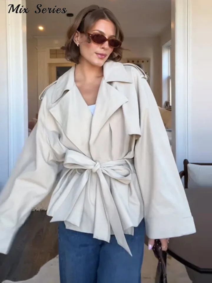 Fashion Solid Lace Up Jacket Womens Loose Turndown Collar Full Sleeve Allmatch Coats Autumn Lady Casual Outerwears 250809