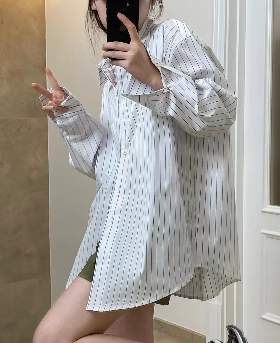 SpringSummer Womens Striped Polo Neck Long Sleeve Pocket Decoration Loose Shirt 250811