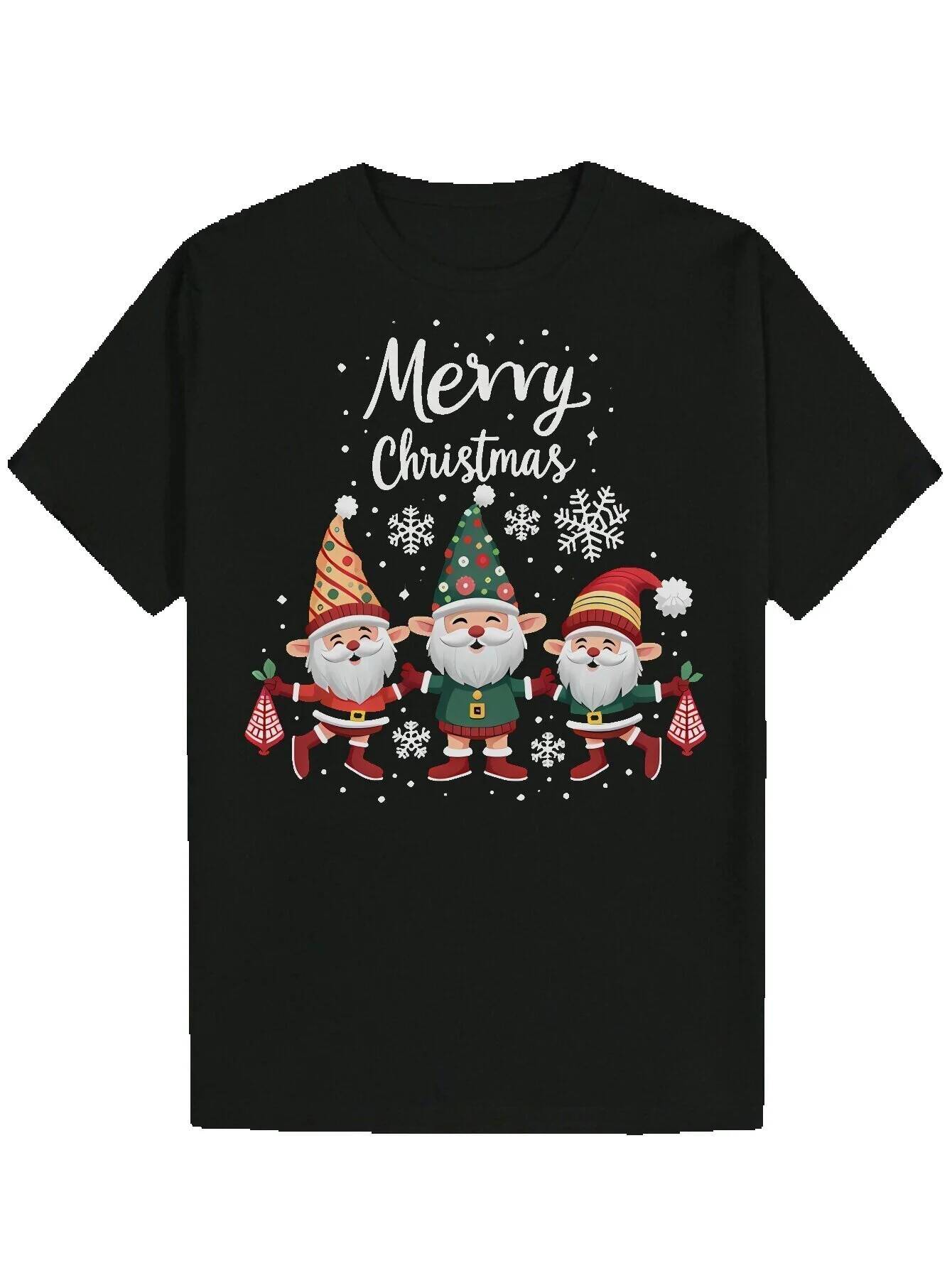 Men's Christmas Gnome Pattern 100% Polyester Crew Neck, Casual Short Sleeve T-Shirt, Summer Knit Fabric, Slightly Stretchy, Printed, Y2K Anime Th