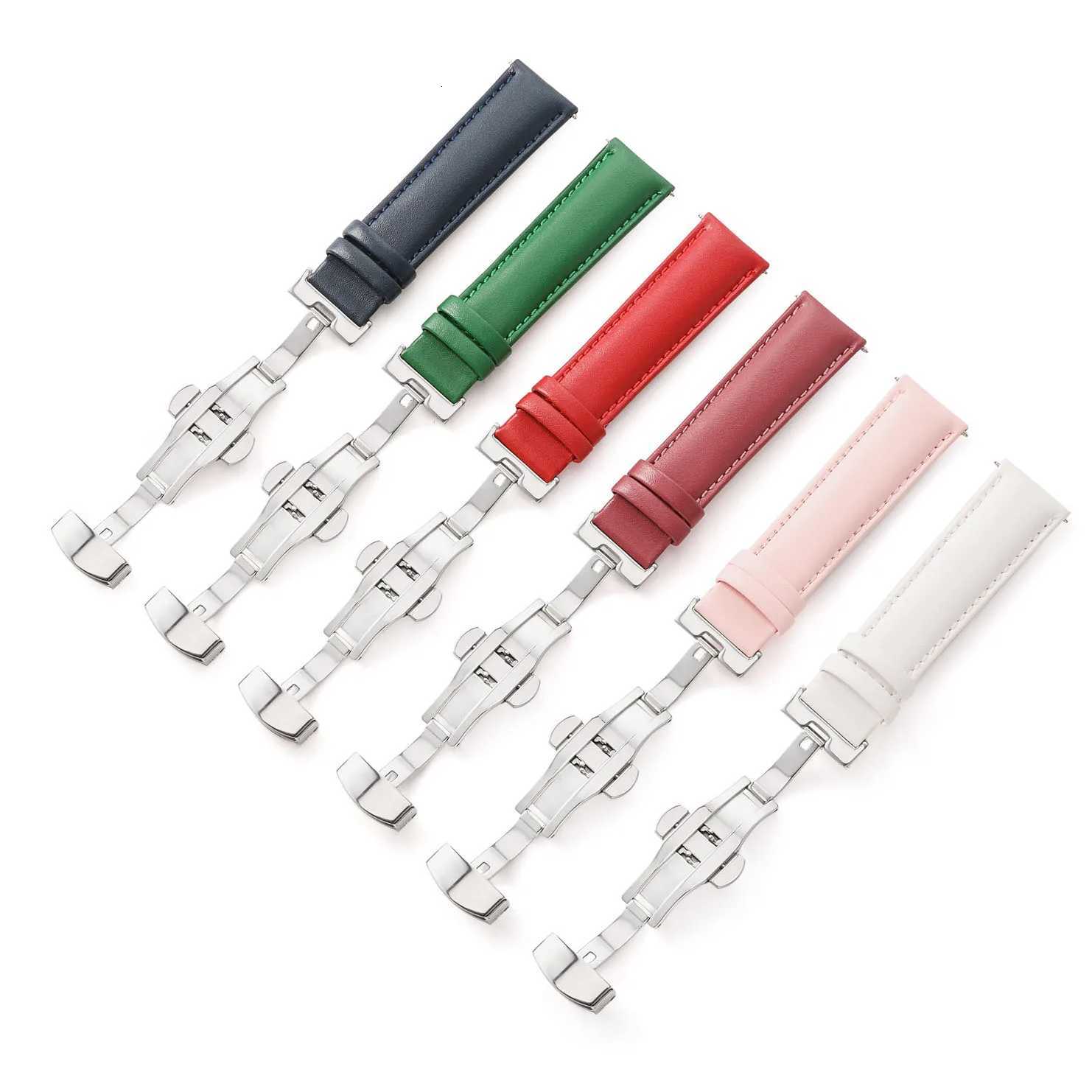 12 14 16 18 20 22 24mm Genuine Leather Watch Band Wristwatch Strap for Women and Men with Butterfly Buckle Wristband with Pins W250811