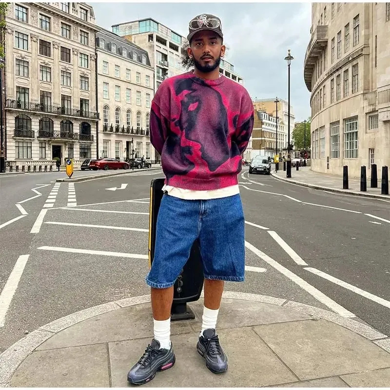 Male Harajuku Knitwear Street Y2k Tie Dye O Neck Knitted Pullover Mens Trendy Contrast Long Sleeve Sweater Jumper Unisex 250805
