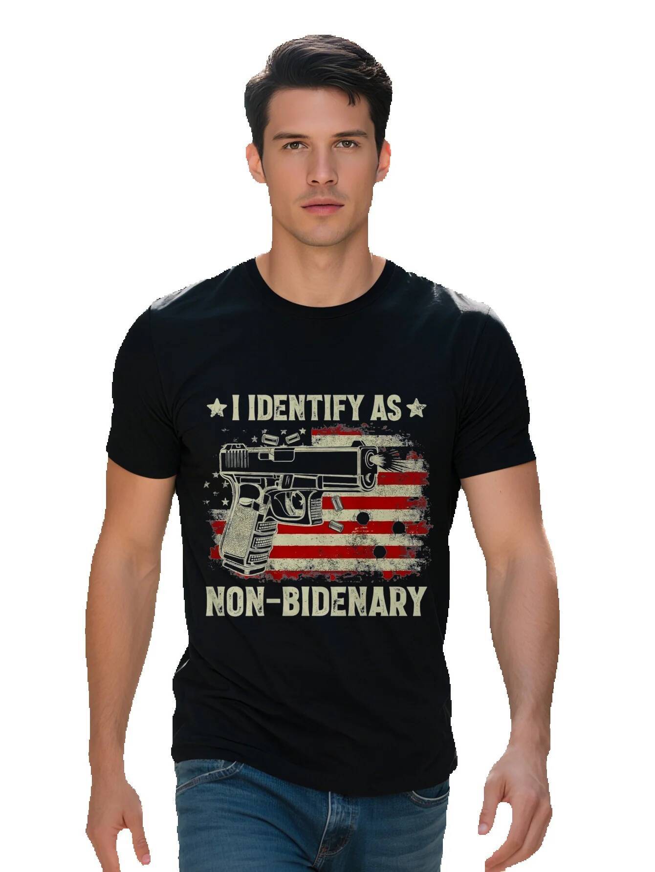 Gun American Flag Funny I Identify As Non-Bidenary on Back T-Shirt f5262