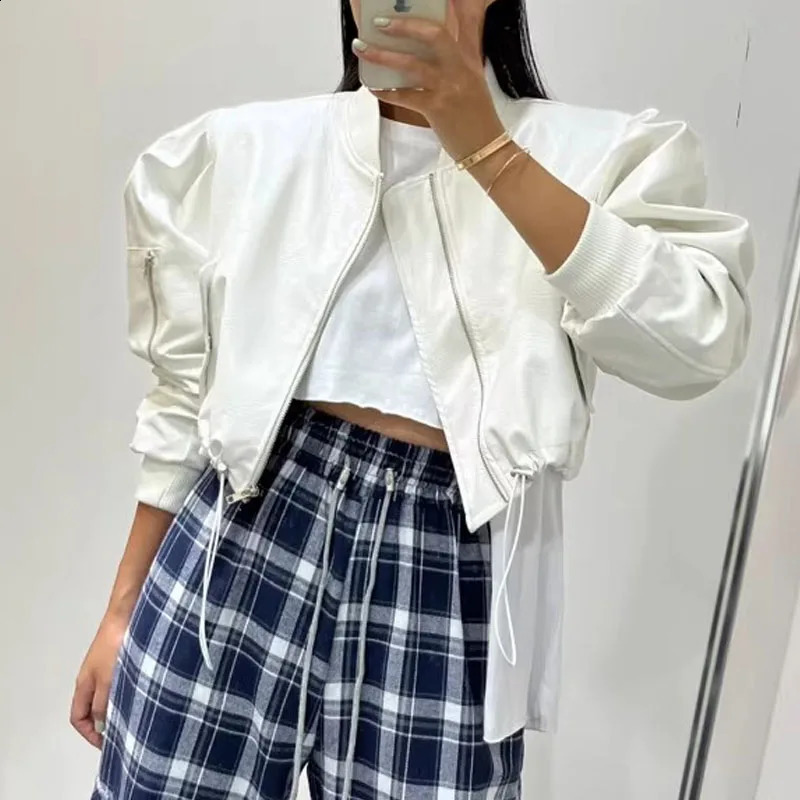 Korean Style Drawstring Loose PU Leather Cropped Jacket 2025 Autumn Winter Fashion Women Long Sleeved Motorcycle Short Coat 250811