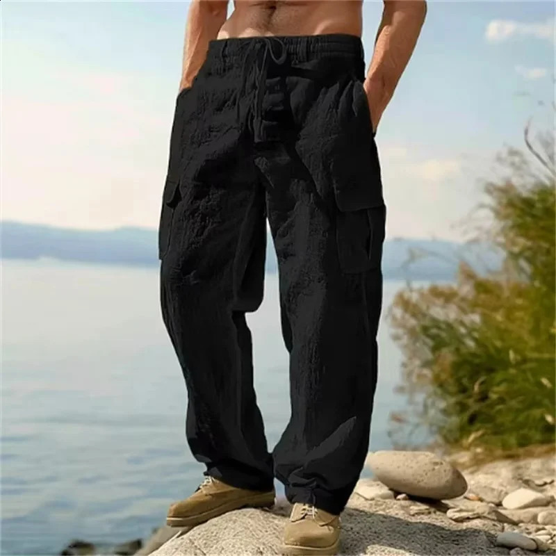 Mens Casual Trousers Loose Comfortable cargo pants Pants Man Cotton Linen multi-pocket Straight trousers Beach thin men Pants 250805
