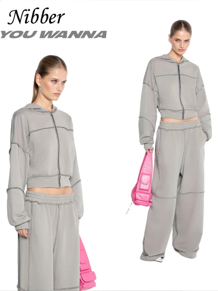 Nibber Casual Tracksuit Women 2 Piece Set Panelled Stripes Sporty Simple Hipster Hooded Zip JacketWide Pants Matching Suits 250806