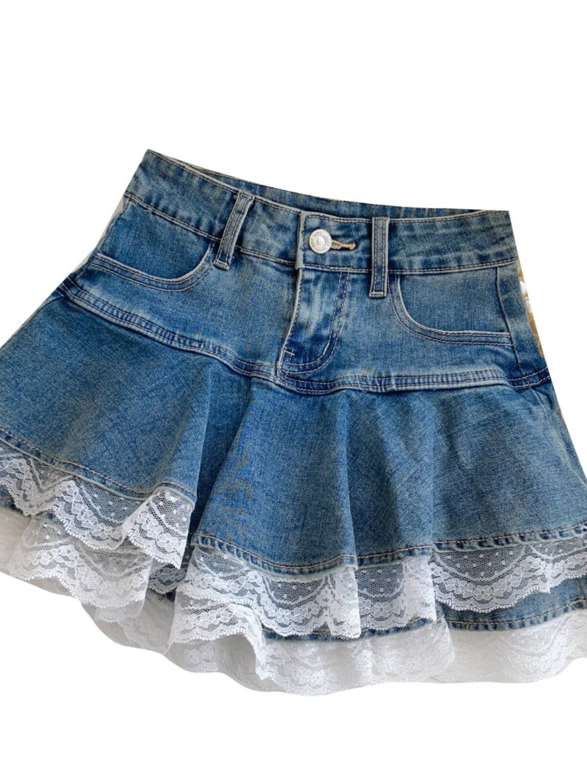 2025 Summer New Women's American Sled High Waist Women's Cowboy Skirt, Lace Edging, Hip Covering, Commuter A-line Skirt, trend New Designer