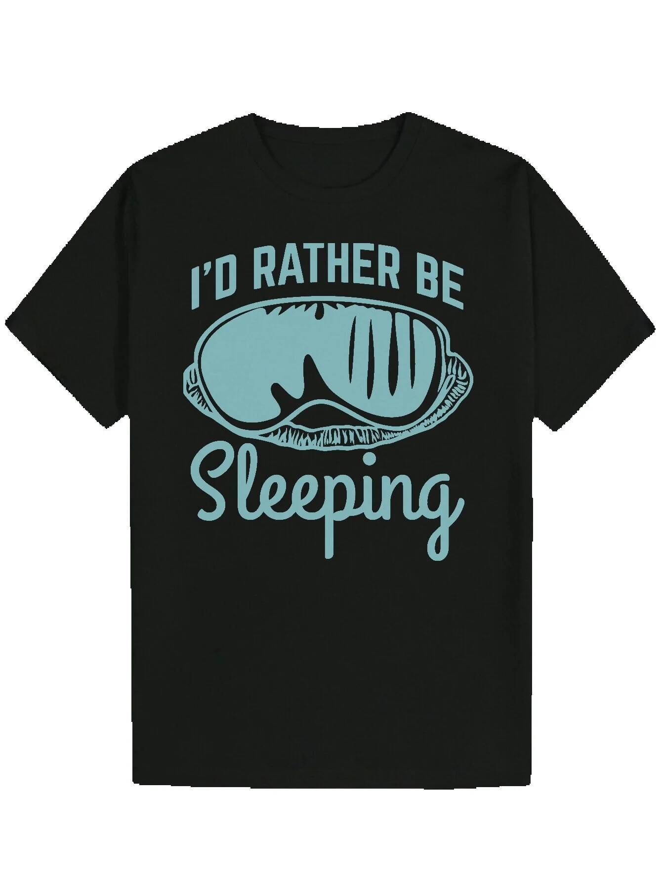 Men's Summer Pattern - "I'd Rather Be Sleeping" Design, Black Polyester Crew Neck T-Shirt with Art Print, Machine Washable, Suitab
