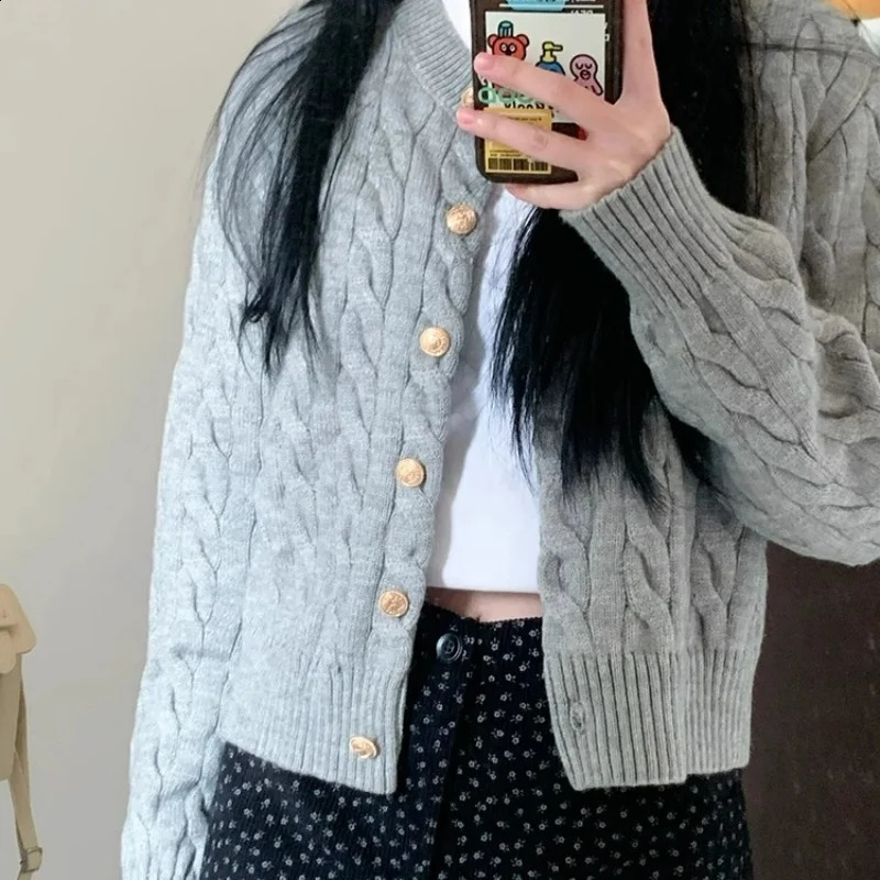 Vintage Long Sleeve Cardigan Women Sweater O-neck Elegant Knitted Top Fashion Autumn Grey Knitwear 250804