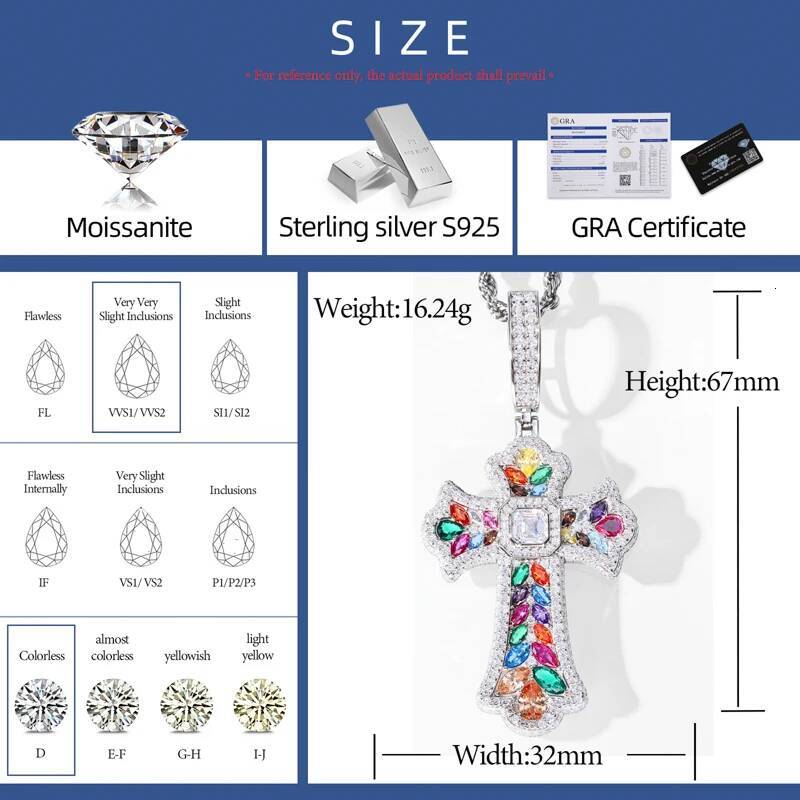 New Moissanite Rainbow Prismatic Cross Pendant Necklaces for Women Men Solid 925 Silver Pendant Charms Hip Hop Colorful Jewelry