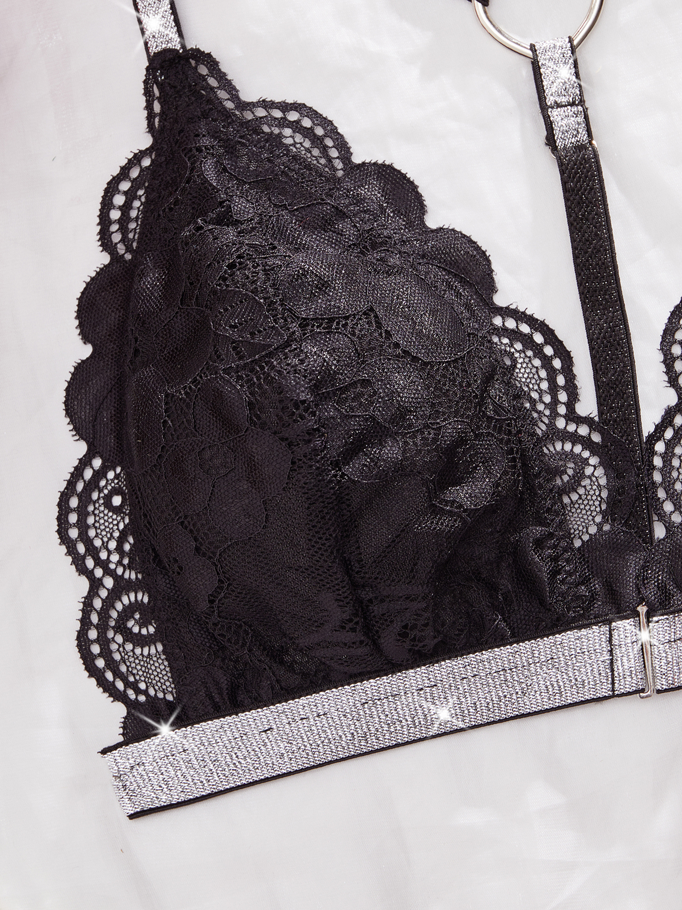 Sexy Sheer Black Lace Bralette Heart - Charm, Glitter Straps Scalloped Edges Adjustable Comfortable Fit | Fashion Lingerie for Layering & Occasions