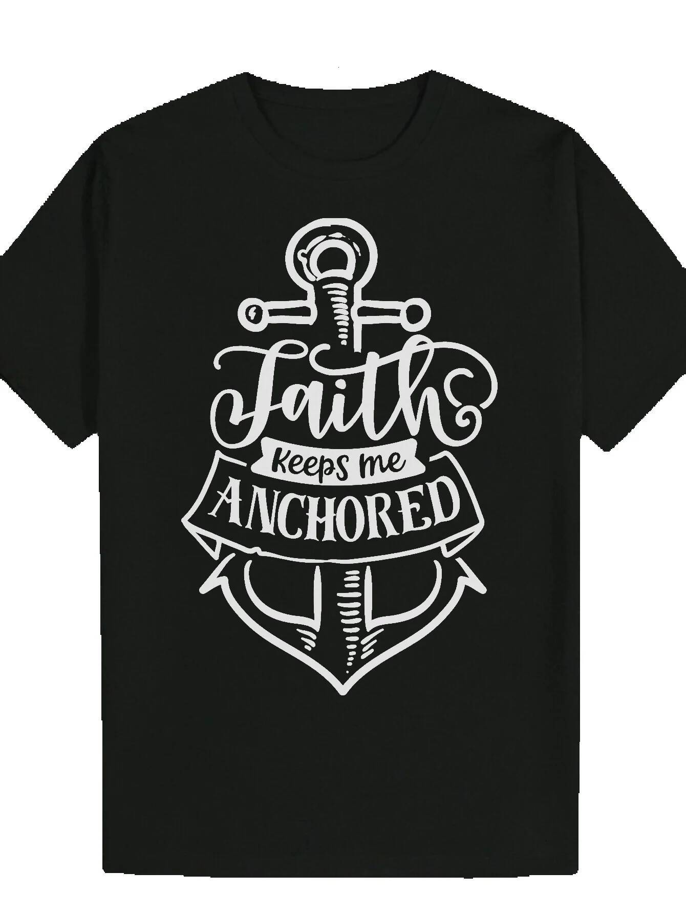 Men's 'Faith Anchors Me' - Black Summer with Cross Sword Design, Crew Neck, Short Sleeve, Polyester Fabric, Casual Wear Bold Graphic T-