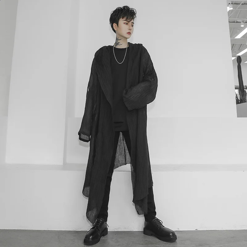 High Quality Mens Trench Unisex Casual Open Stitch Hooded Long Cloak Cape Coat Hip Hop Men Solid Loose Trenchcoat 250804